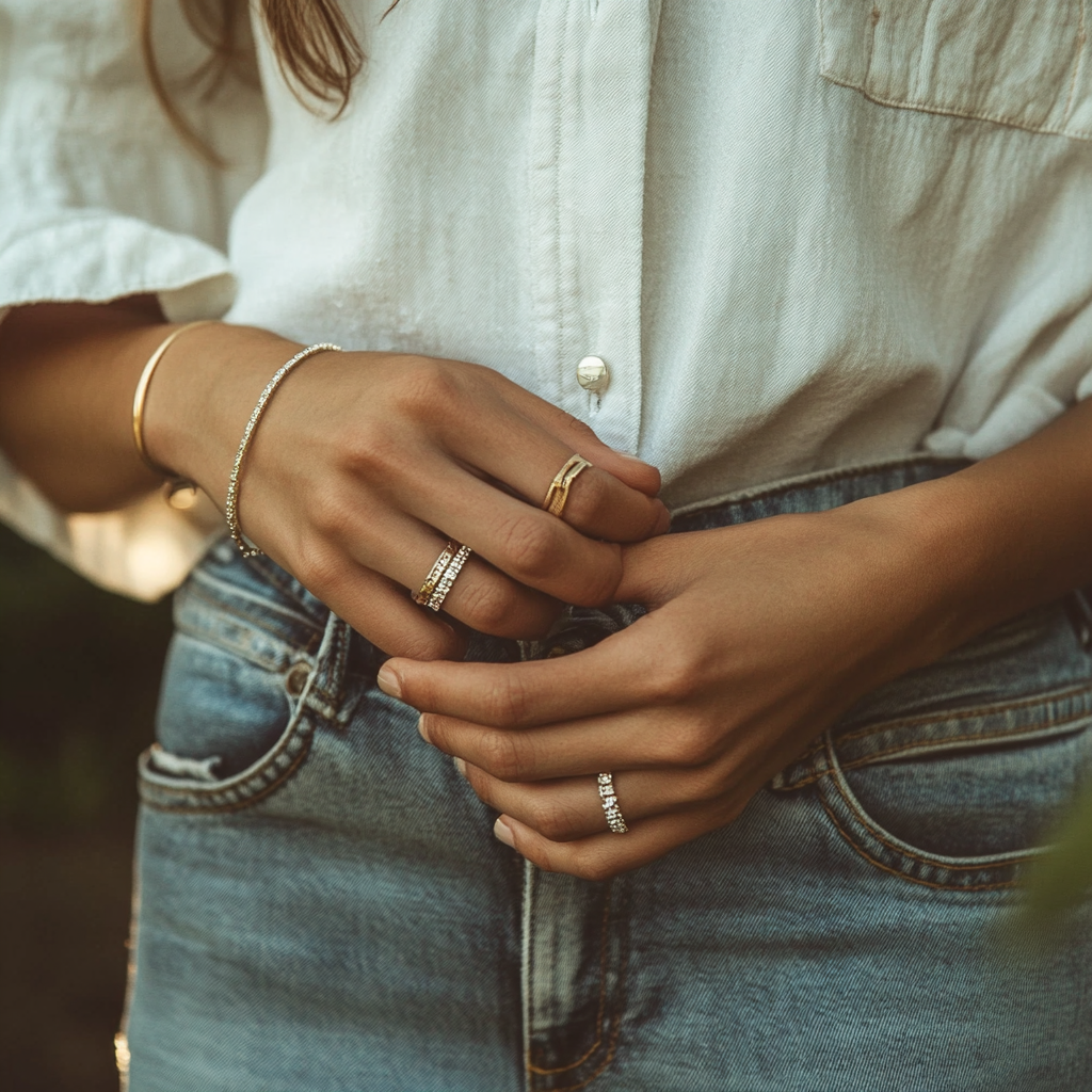 Photo of gold and silver rings worn together on hands.